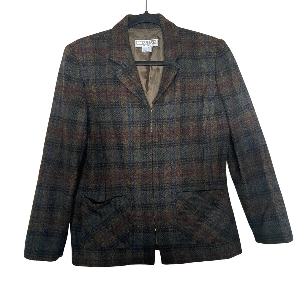 VTG 90s Blazer Plaid Wool Zip Jacket 4P Heritage Preppy Equestrian Dark Academia
